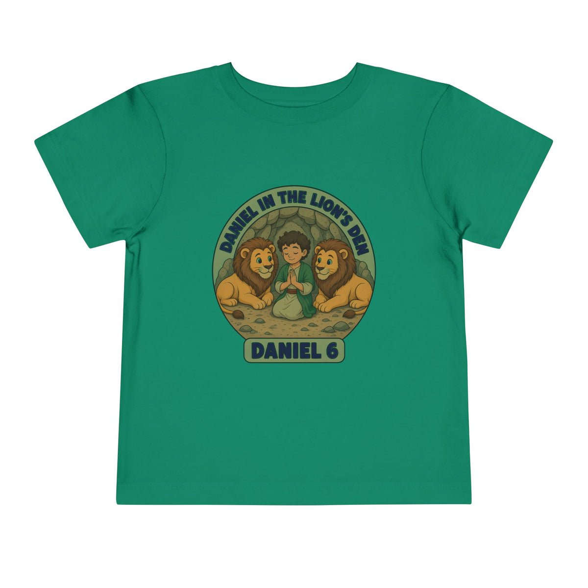 Circular badge of Daniel praying between two lions, Daniel in the Lion's Den Daniel 6 design on a Kelly toddler T-Shirt