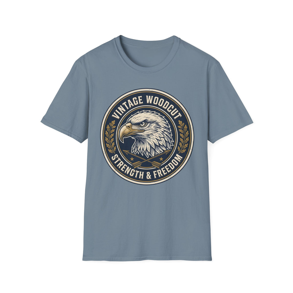 Strength & Freedom vintage woodcut emblem of a bald eagle with crossed arrows on a Stone Blue unisex T-Shirt