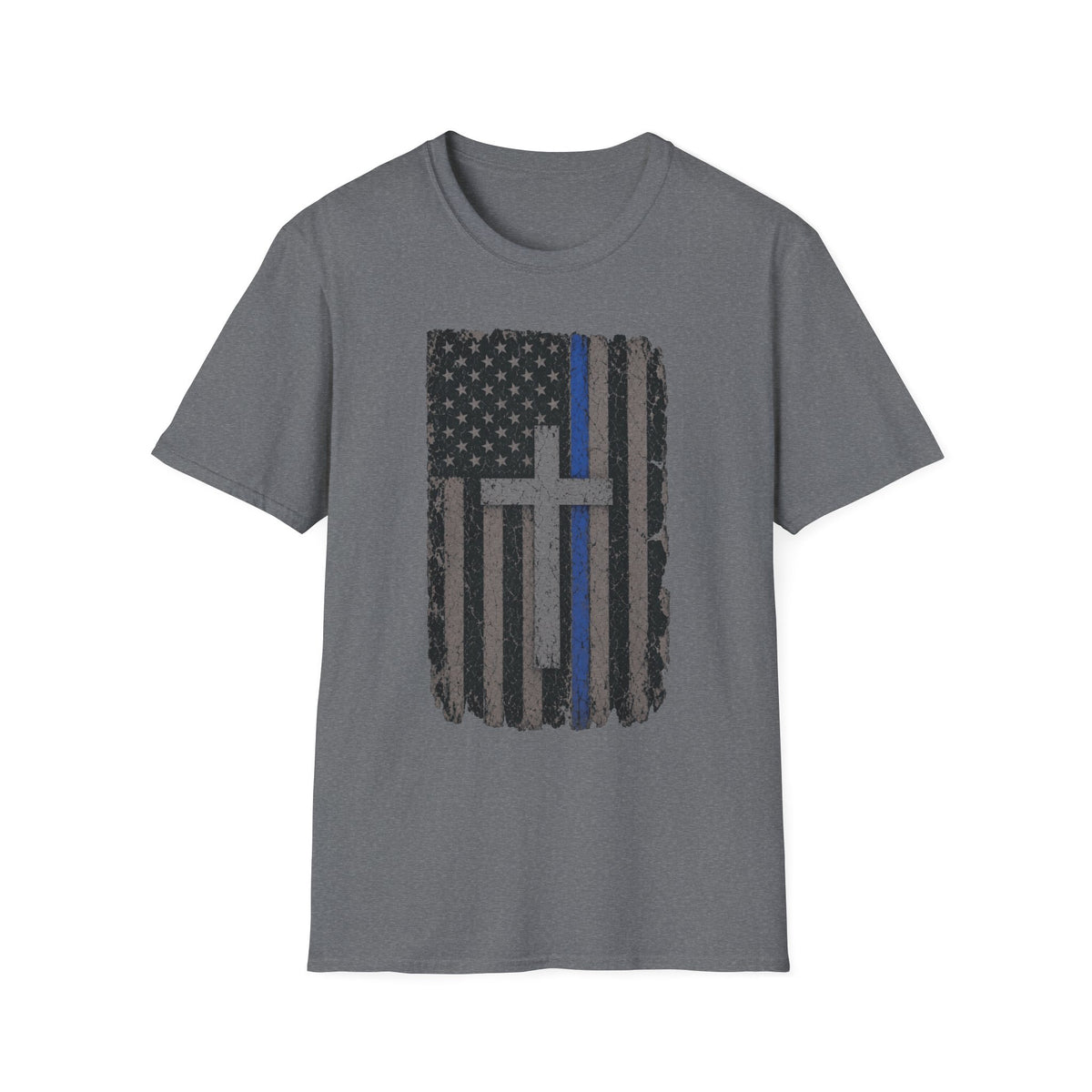 Thin Blue Line American Flag T-Shirt with Cross — Christian Police Support Tee