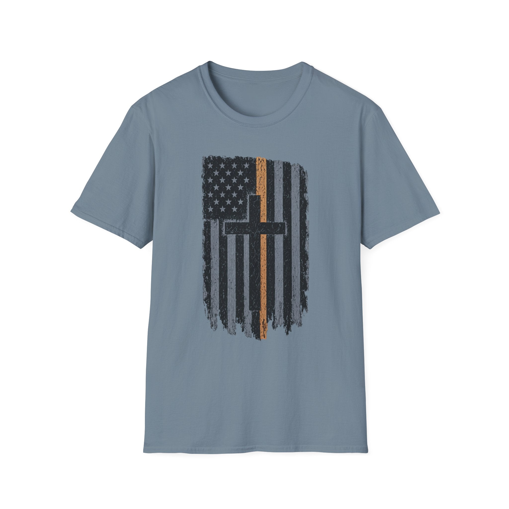 Christian Flag T-Shirt — Distressed American Flag with Cross & Thin Yellow Line