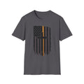 Christian Flag T-Shirt — Distressed American Flag with Cross & Thin Yellow Line