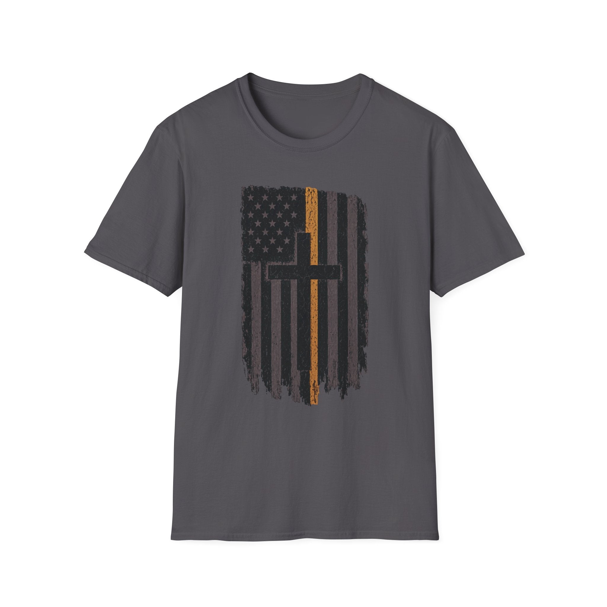 Christian Flag T-Shirt — Distressed American Flag with Cross & Thin Yellow Line