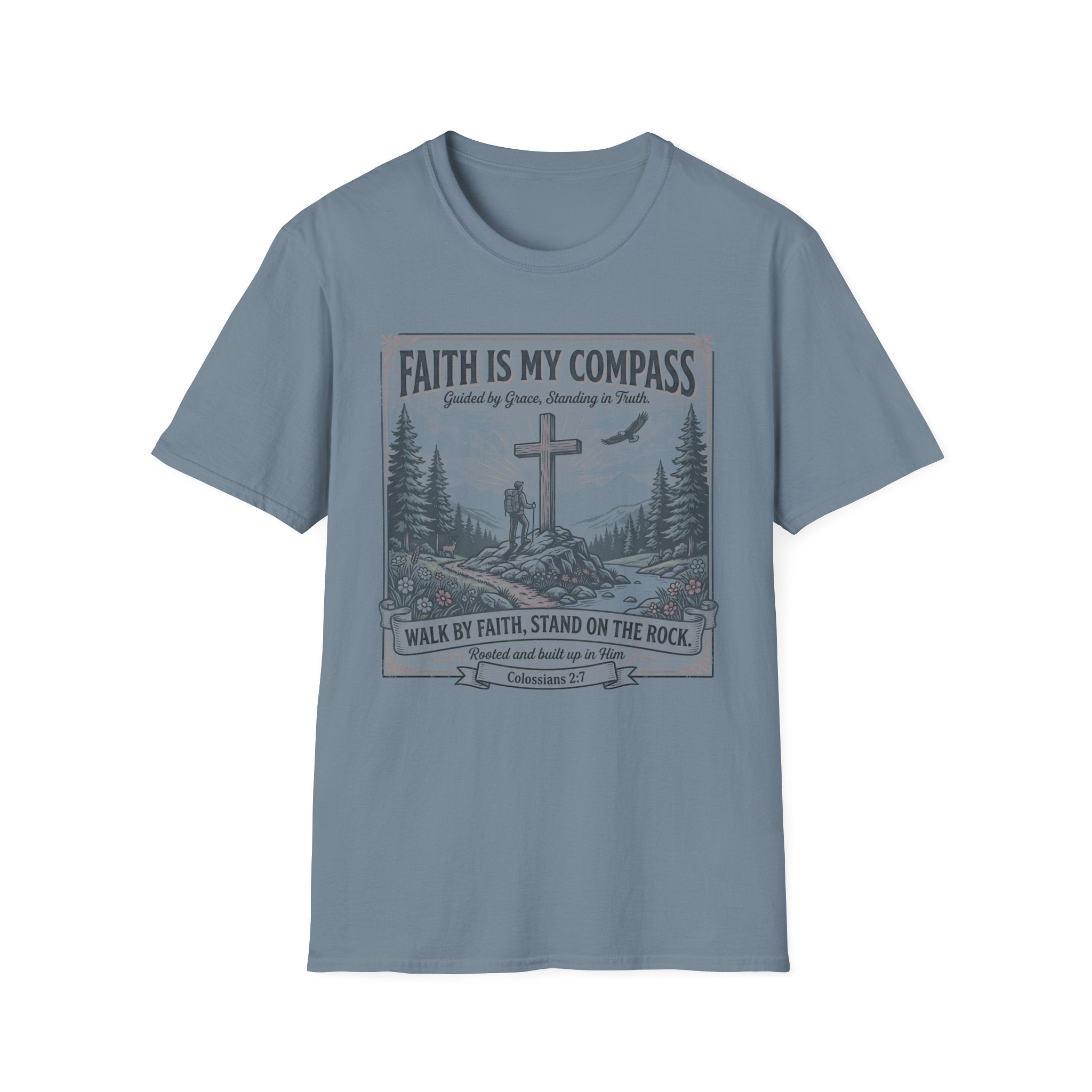 Faith Is My Compass T-Shirt — Christian Cross Hiking Design