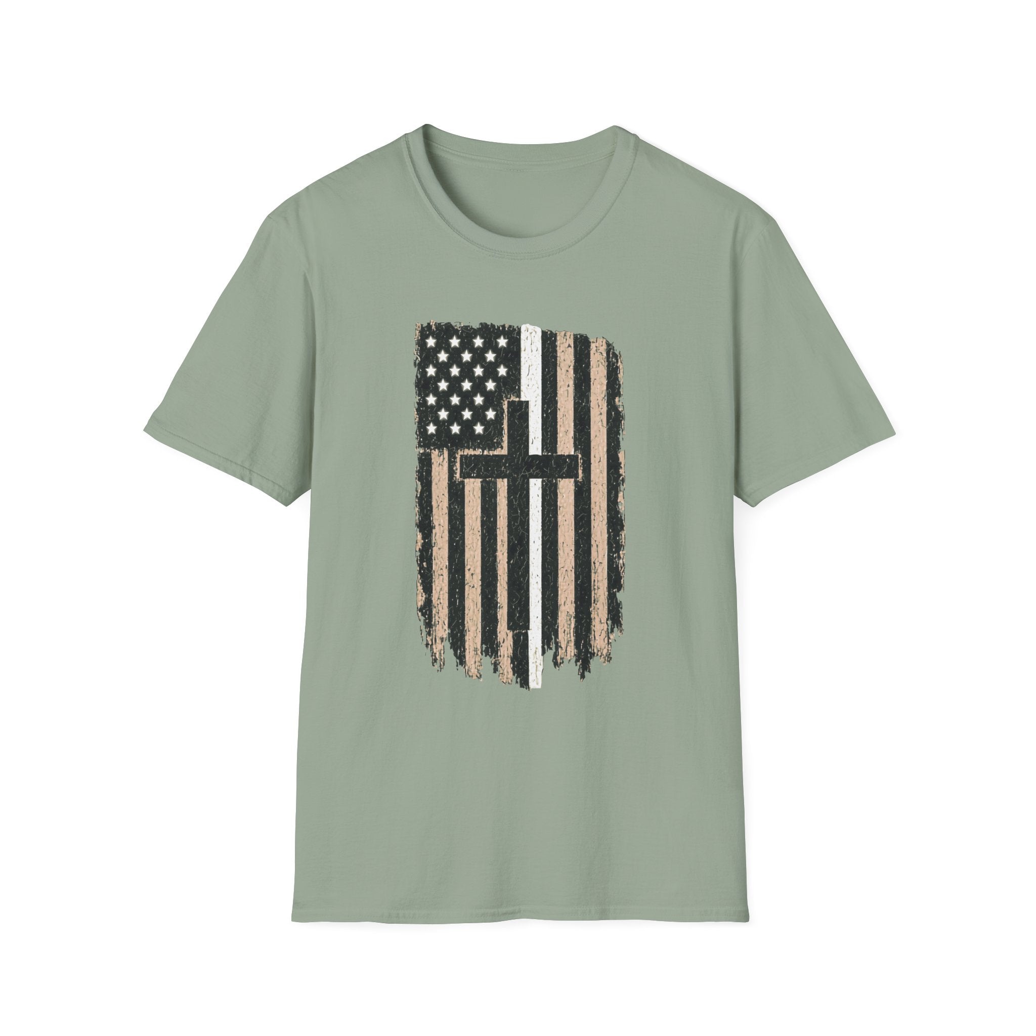 Christian Flag T-Shirt — Distressed American White Line Flag with Cross Graphic