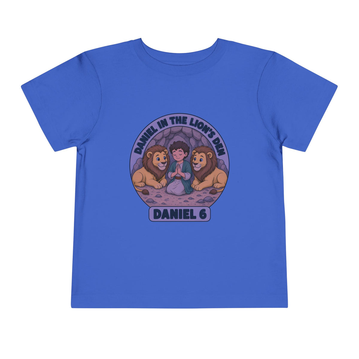 Circular badge of Daniel praying between two lions, Daniel in the Lion's Den Daniel 6 design on a True Royal toddler T-Shirt