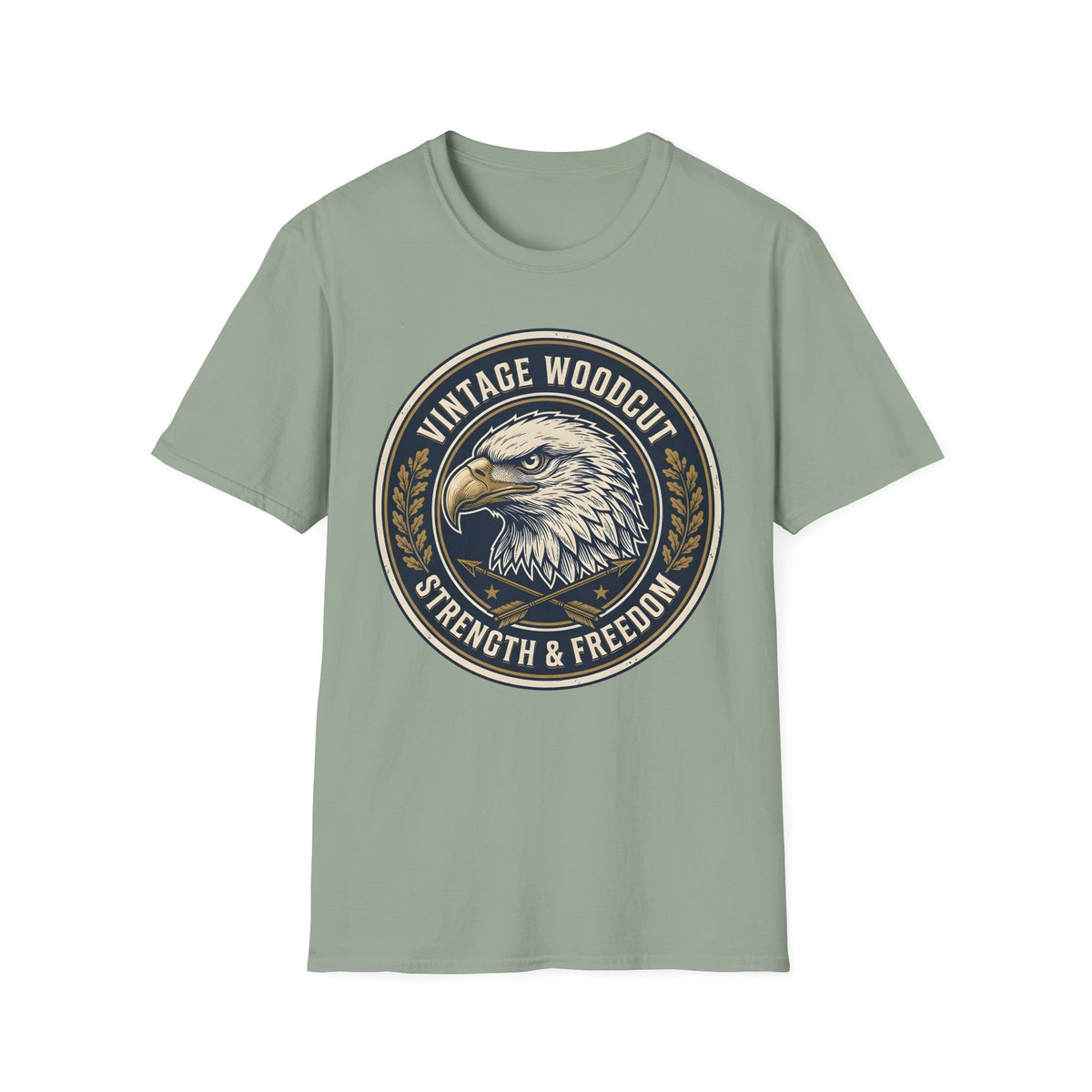 Strength & Freedom vintage woodcut emblem of a bald eagle with crossed arrows on a Sage unisex T-Shirt
