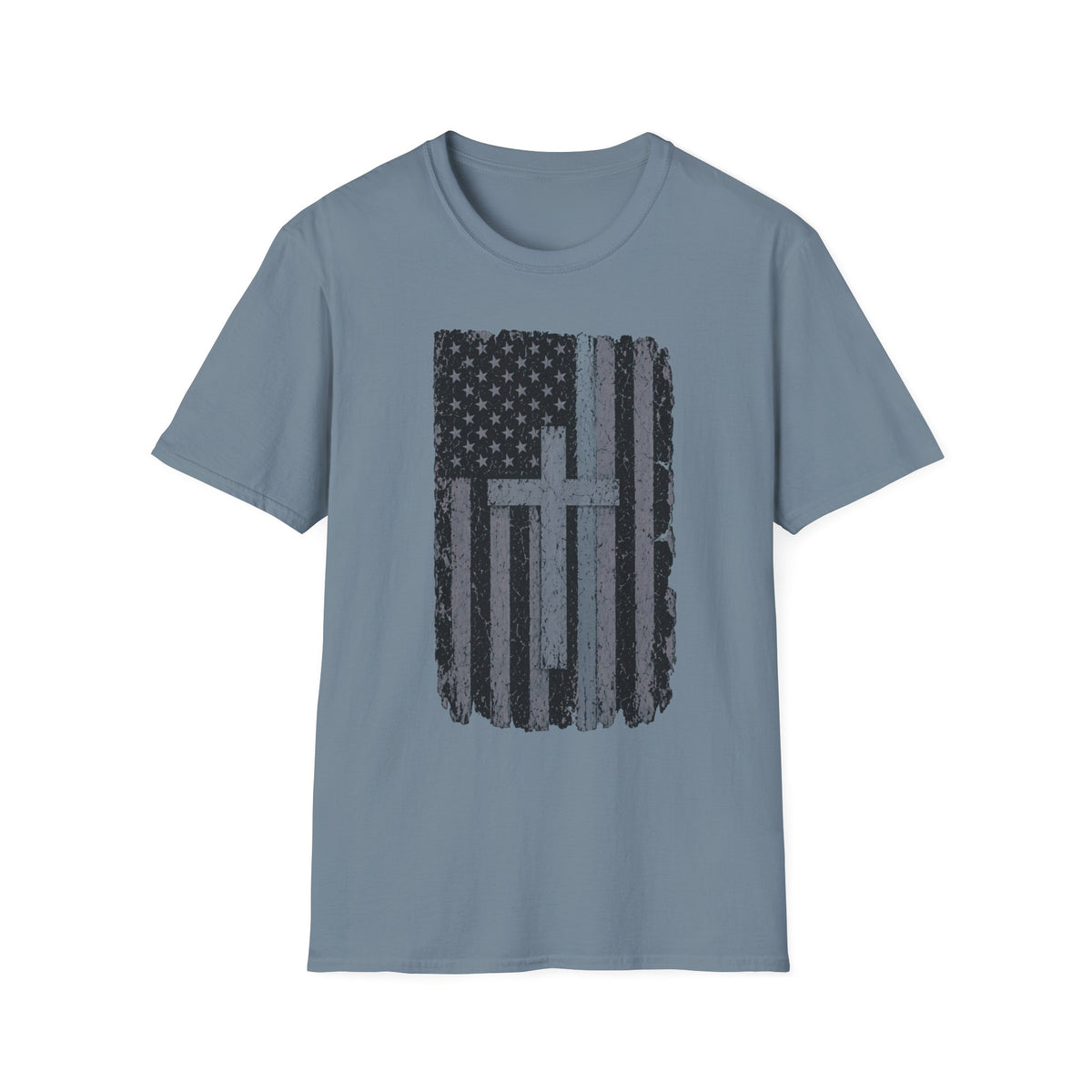 American Flag Cross Silver Line T-Shirt — Distressed Patriotic Christian Tee