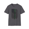 Distressed Green Line Flag Cross T-Shirt — Thin Green Line American Flag Christian Tee