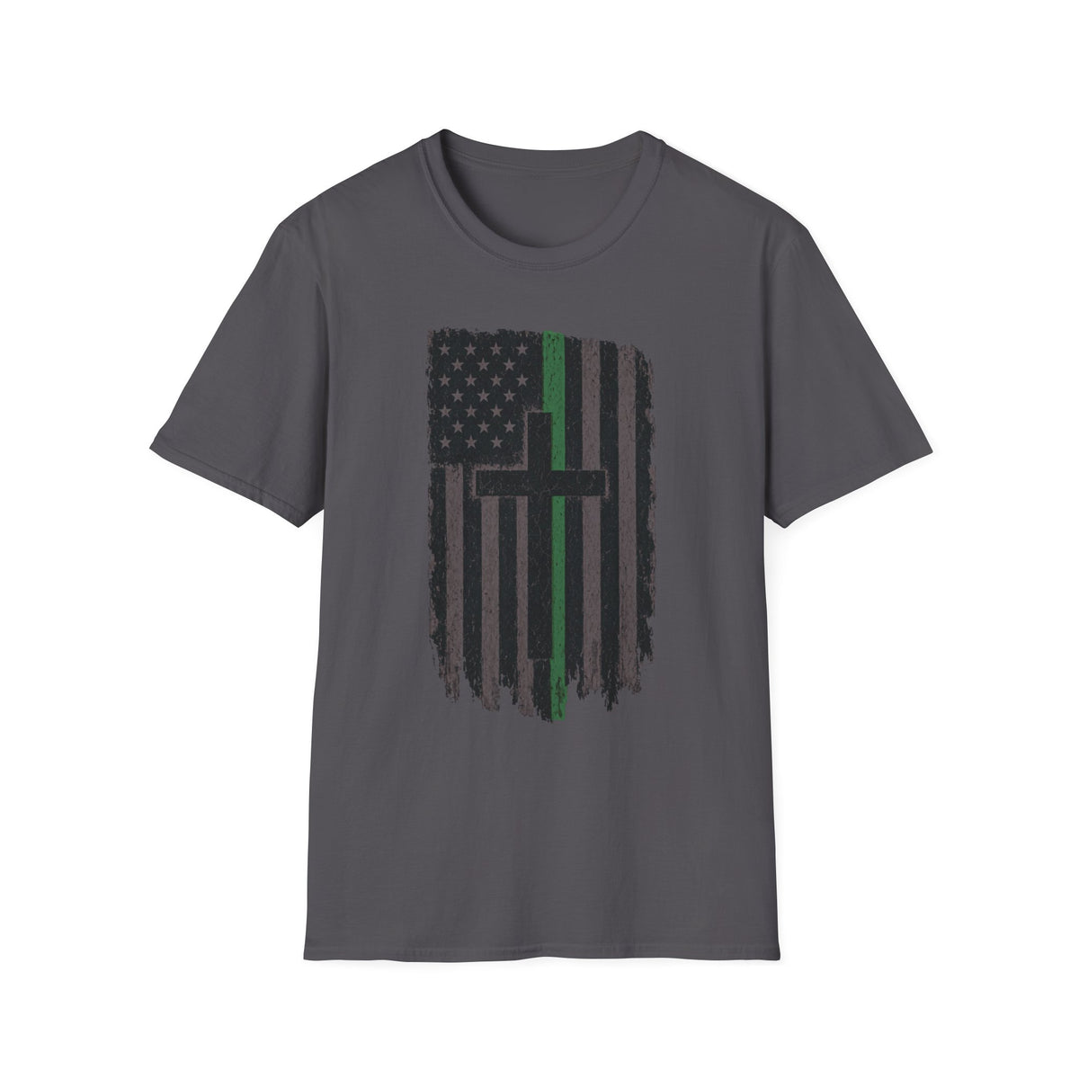 Distressed Green Line Flag Cross T-Shirt — Thin Green Line American Flag Christian Tee