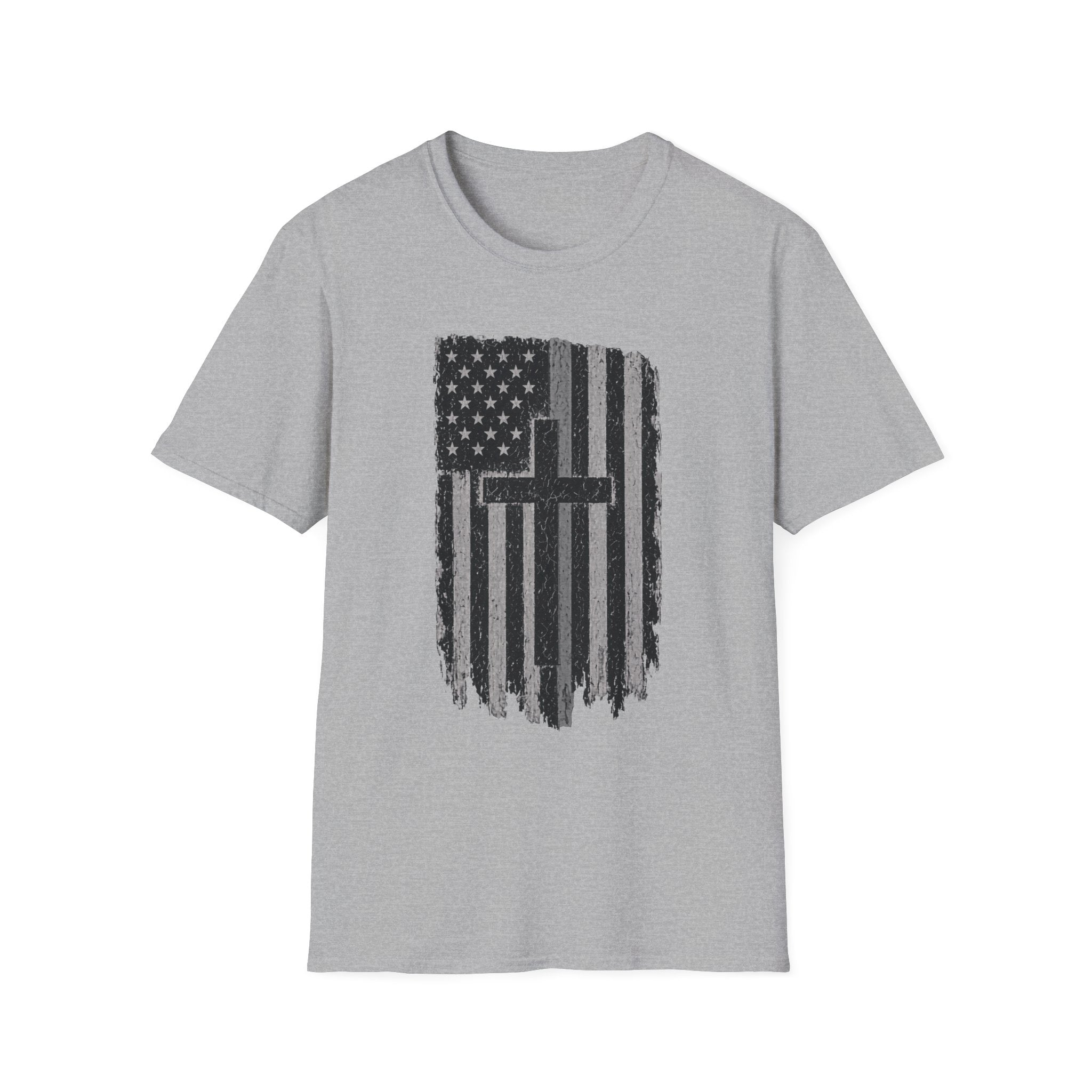 American Flag Cross Gray Line T-Shirt — Distressed Christian Patriotic Tee
