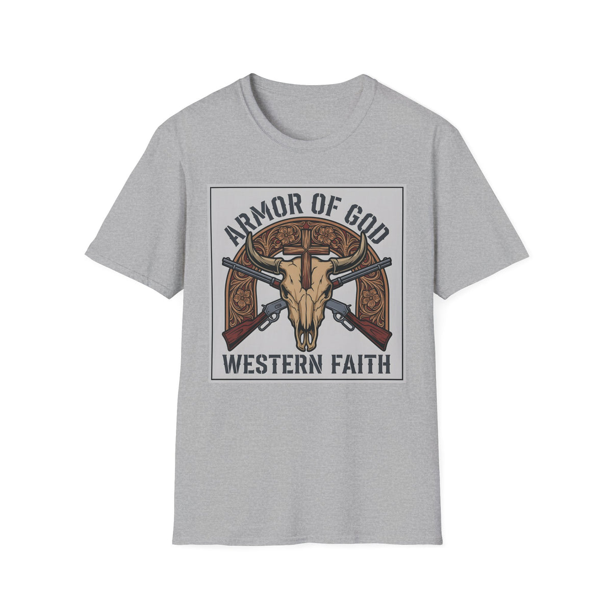 Armor of God western design of a longhorn skull, wooden cross and crossed rifles on a Sport Grey unisex T-Shirt