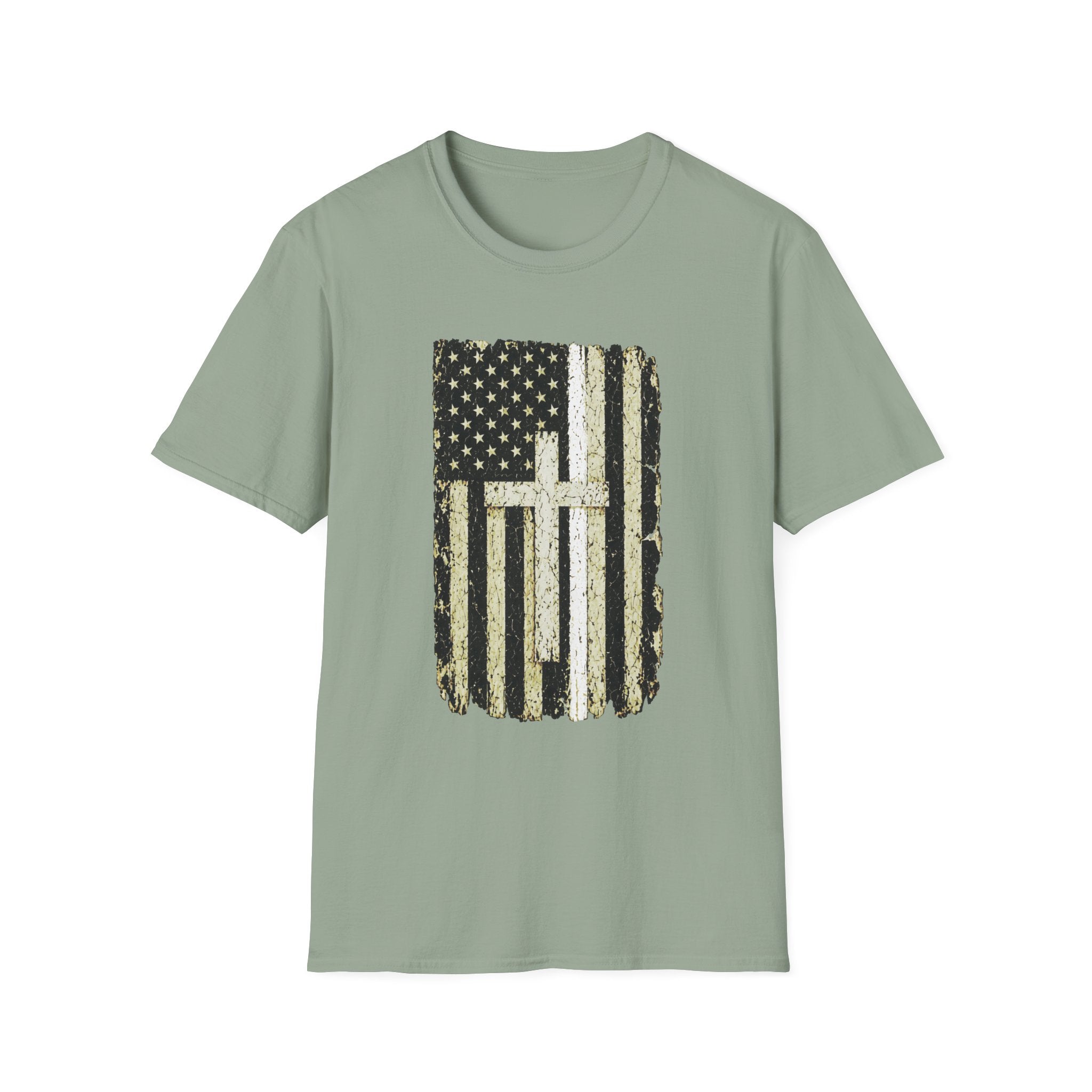 Distressed Thin White Line American Flag Cross T-Shirt — Vintage USA Faith Tee