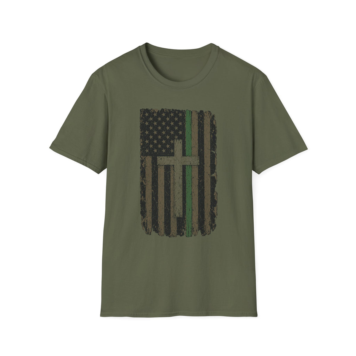 Christian Flag American Green Line Flag T-Shirt — Distressed Cross Patriotic Tee