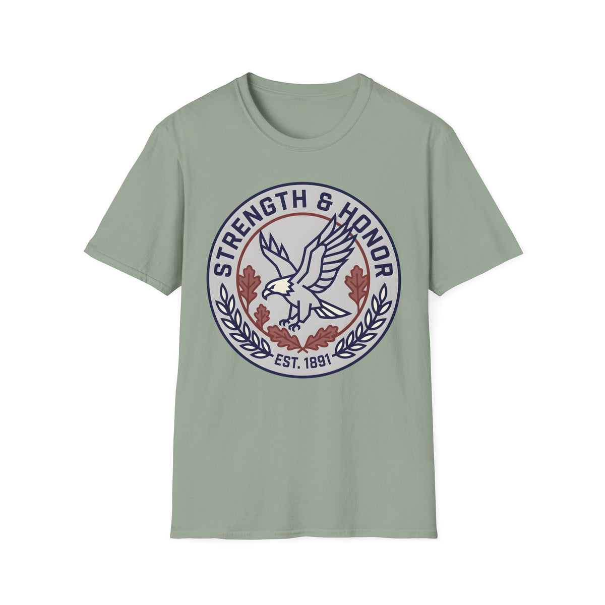 Strength & Honor emblem of a landing eagle with oak leaves and laurel on a Sage unisex T-Shirt