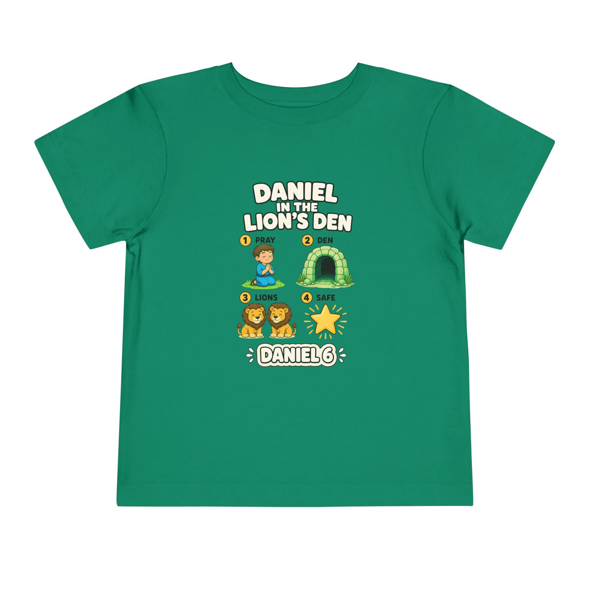 Four-step Daniel 6 story design, Pray, Den, Lions, Safe, with Daniel and friendly lions on a Kelly toddler T-Shirt