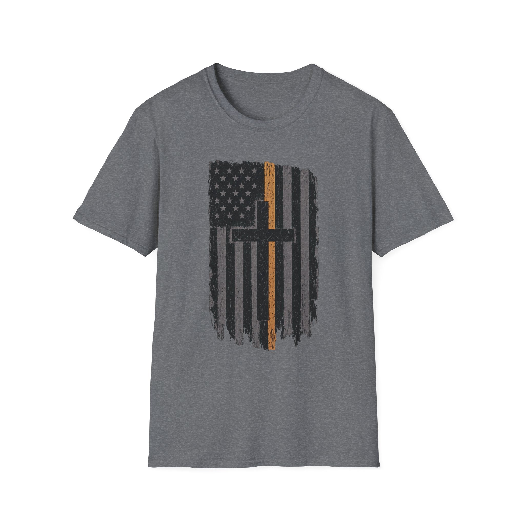 Christian Flag T-Shirt — Distressed American Flag with Cross & Thin Yellow Line