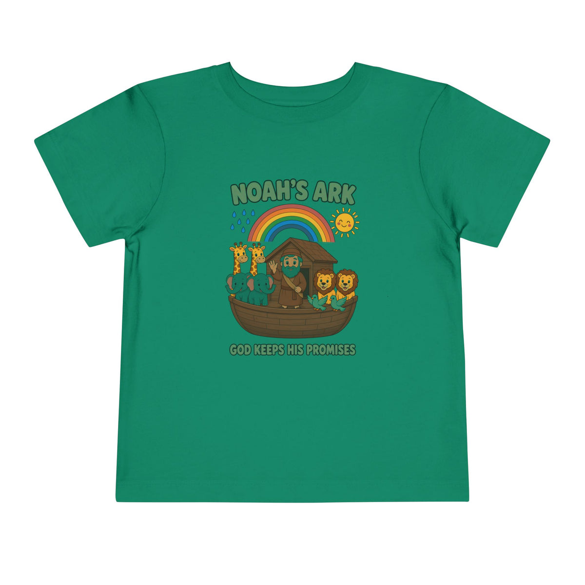 Noah waving from the ark with giraffes, elephants, lions and doves under a rainbow, Noah's Ark God Keeps His Promises design on a Kelly toddler T-Shirt