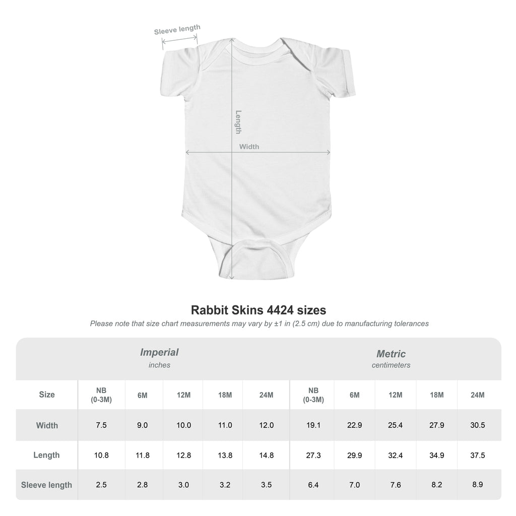 Rabbit Skins 4424 baby bodysuit size chart, sizes NB (0–3M) to 24M