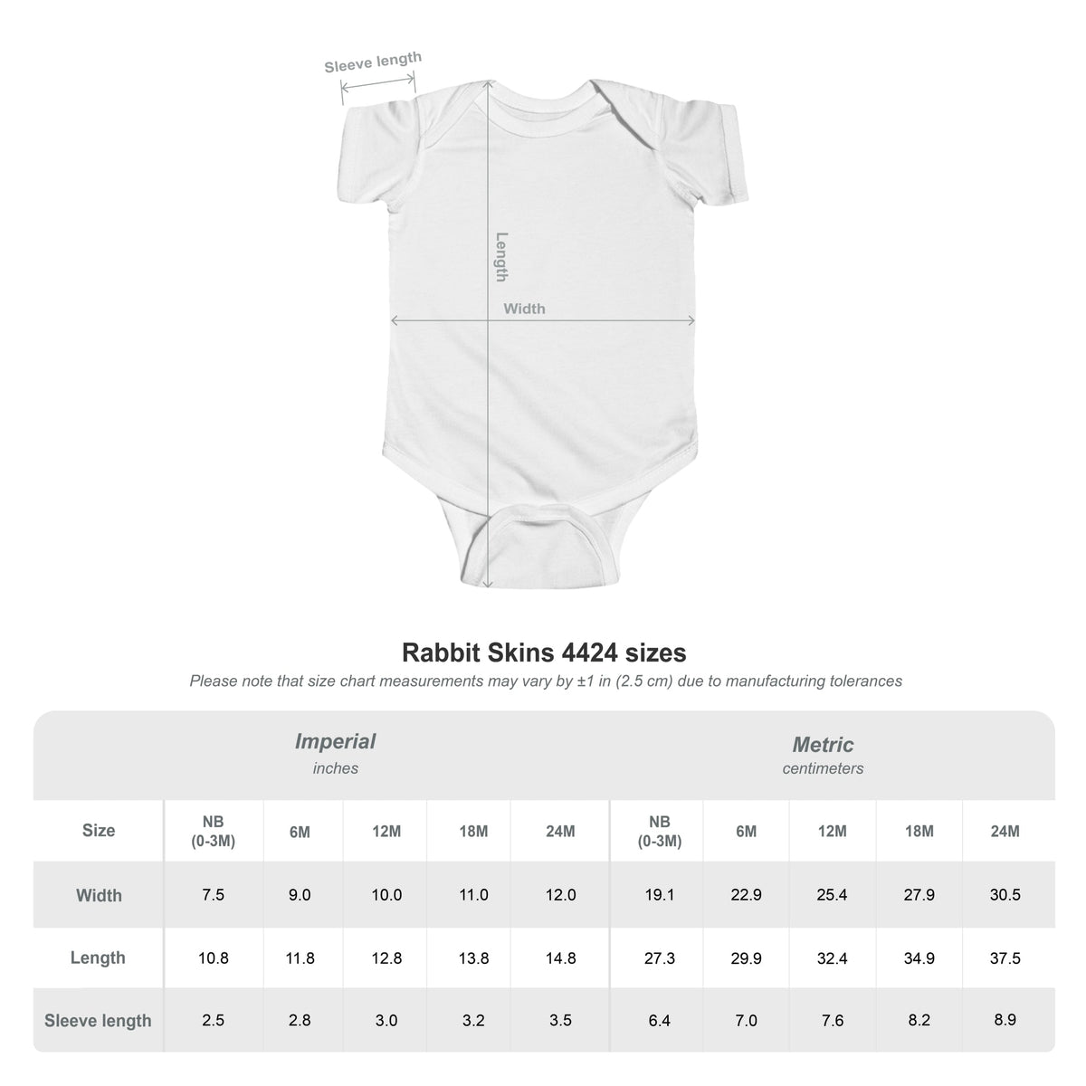Rabbit Skins 4424 baby bodysuit size chart, sizes NB (0–3M) to 24M