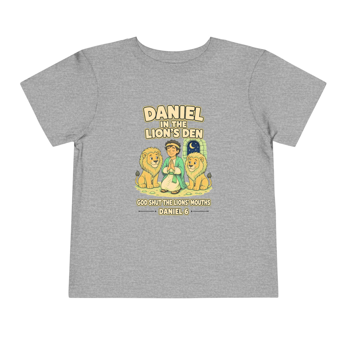 Daniel praying between two gentle lions under a crescent moon, God Shut the Lions' Mouths Daniel 6 design on an Athletic Heather toddler T-Shirt