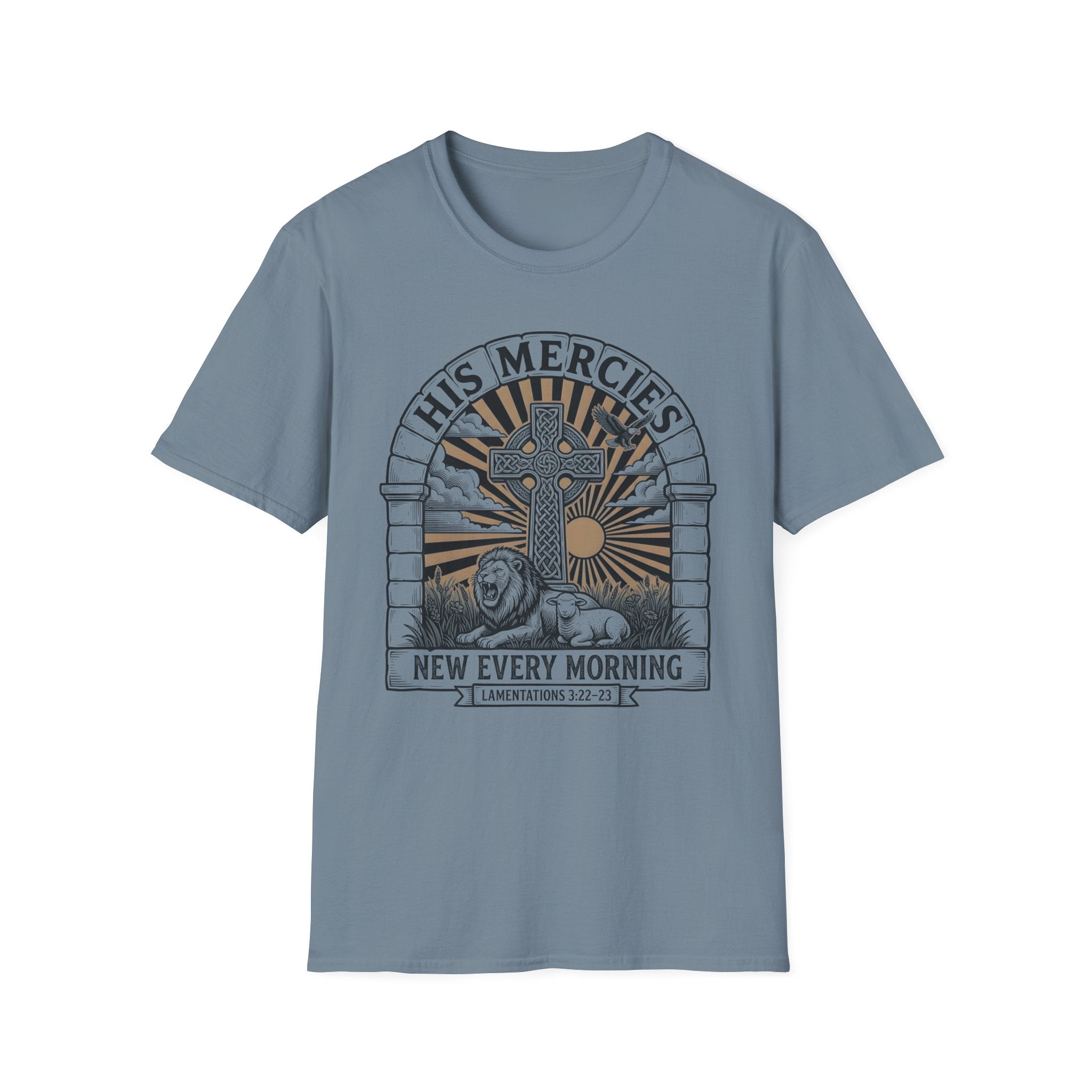 Christian T-Shirt — "His Mercies New Every Morning" Sunrise Cross Tee