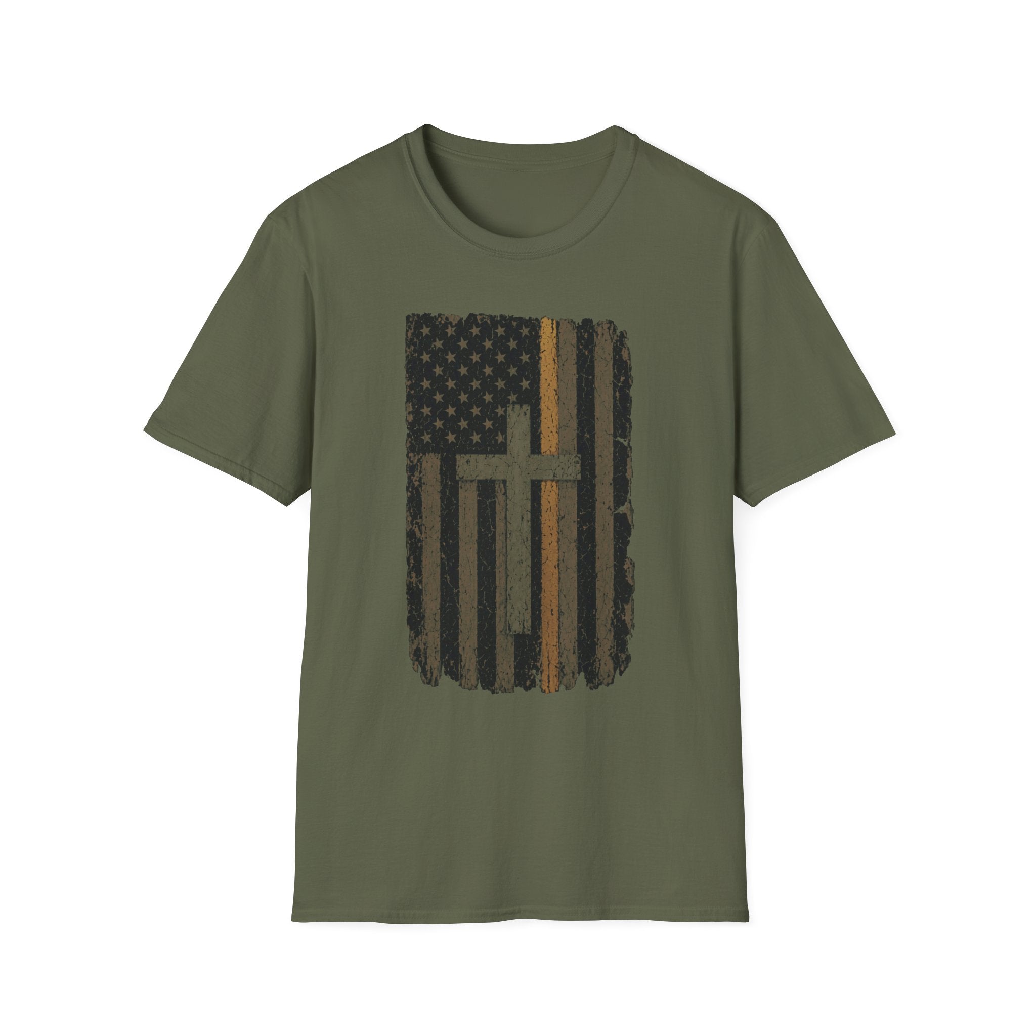 Christian American Yellow Line Flag T-Shirt — Distressed Cross USA Tee