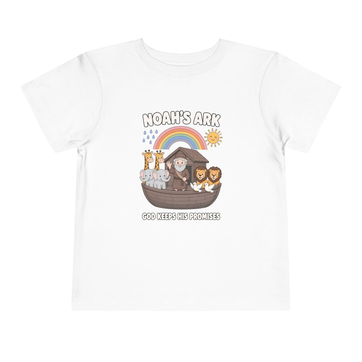 Noah waving from the ark with giraffes, elephants, lions and doves under a rainbow, Noah's Ark God Keeps His Promises design on a White toddler T-Shirt
