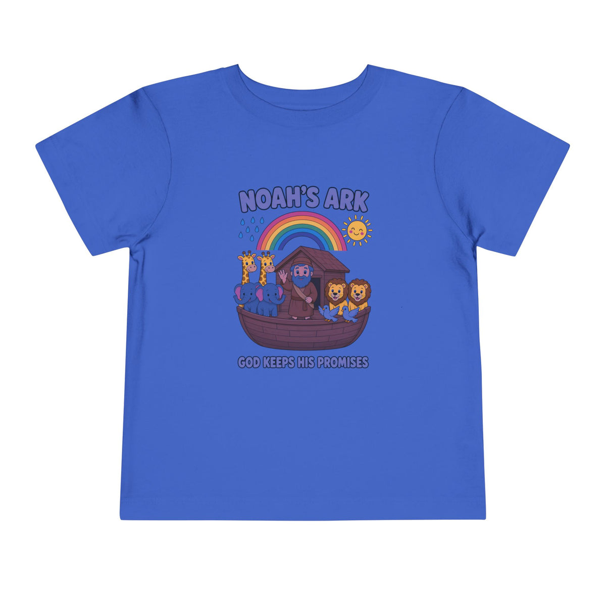 Noah waving from the ark with giraffes, elephants, lions and doves under a rainbow, Noah's Ark God Keeps His Promises design on a True Royal toddler T-Shirt