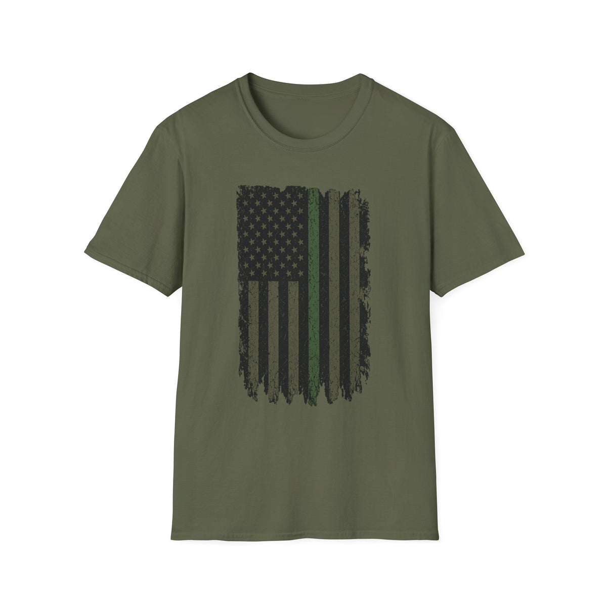 Distressed Thin Green Line American Flag T-Shirt — Supports Military and Similar Roles