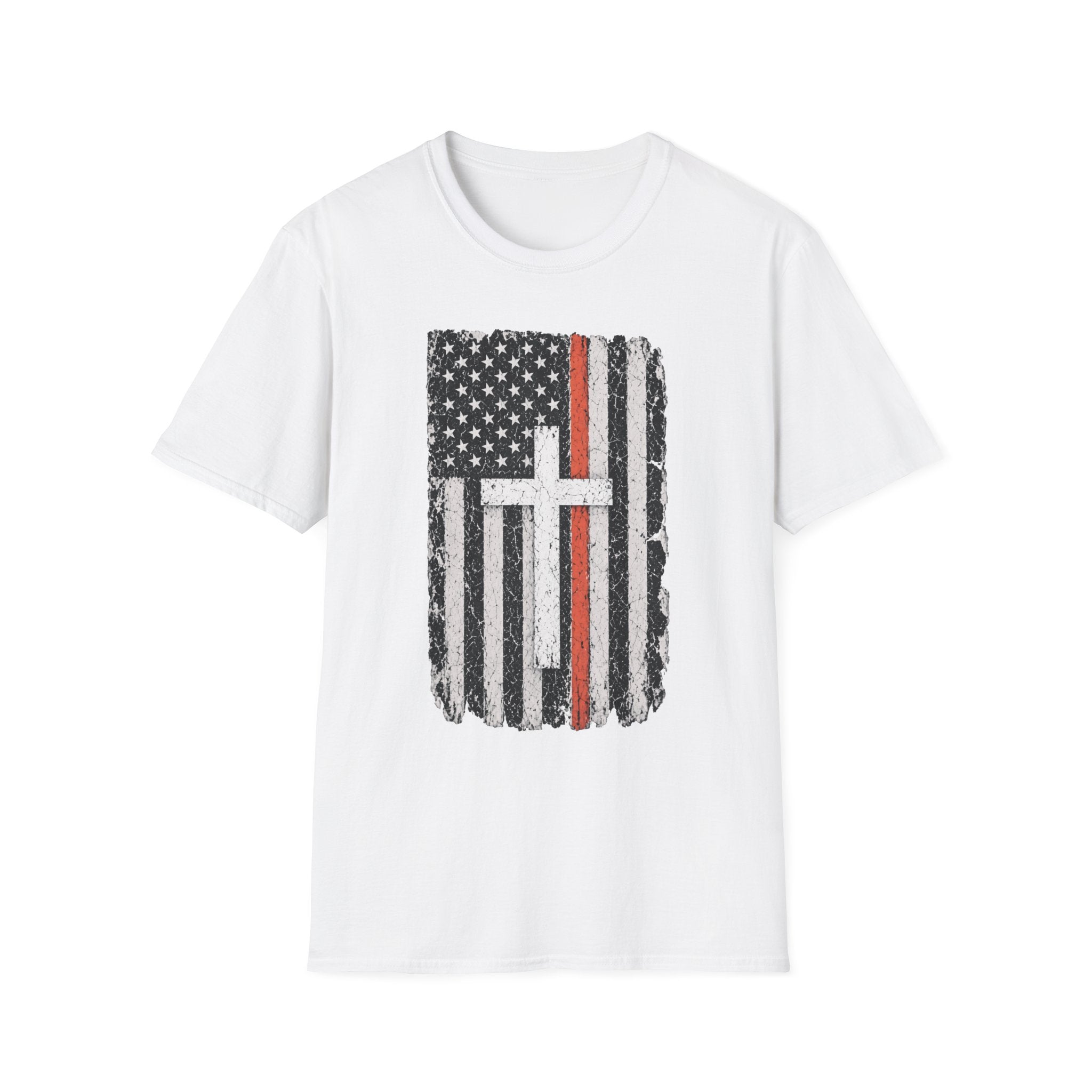 American Flag Cross T‑Shirt — Distressed Thin Orange Line Christian Tee