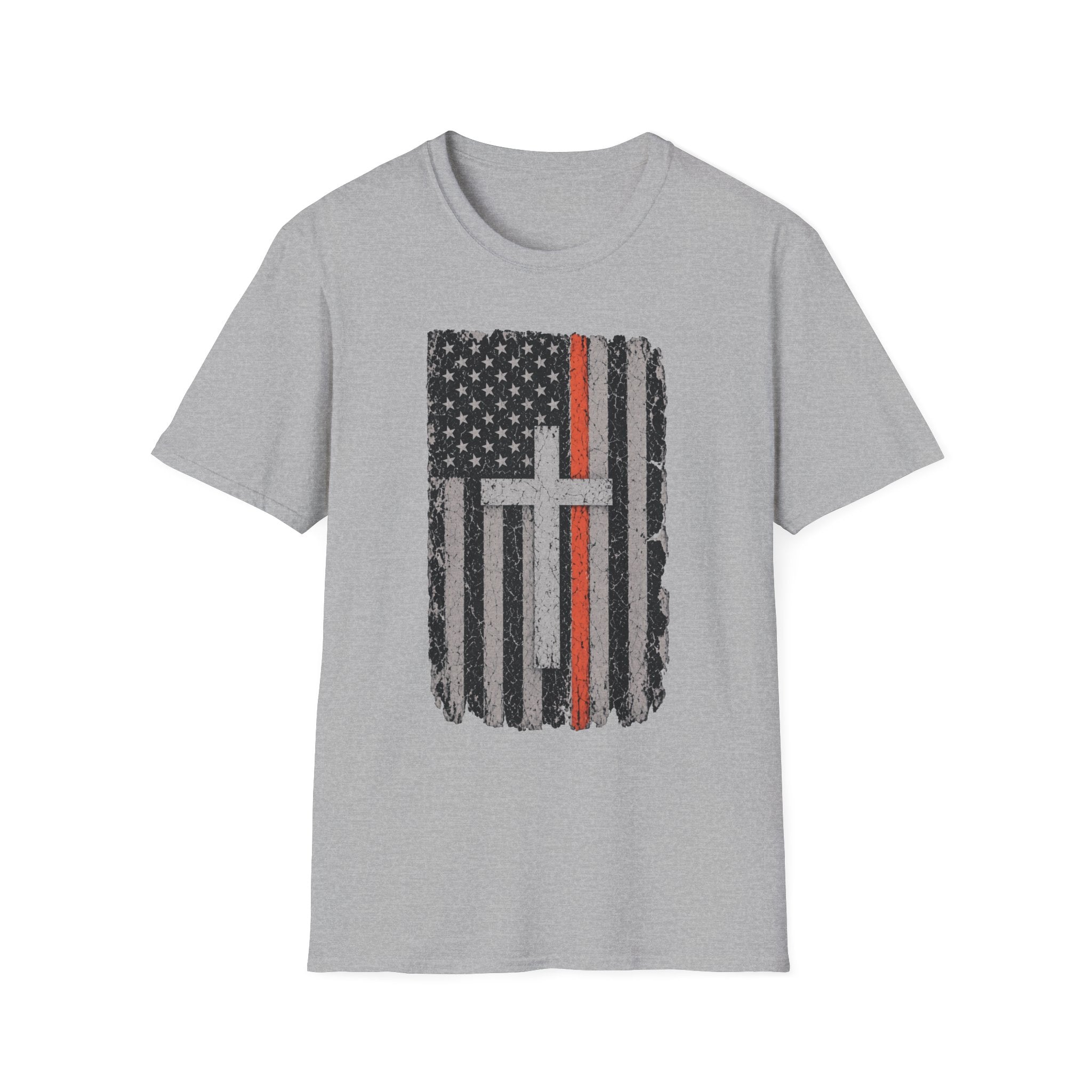 American Flag Cross T‑Shirt — Distressed Thin Orange Line Christian Tee