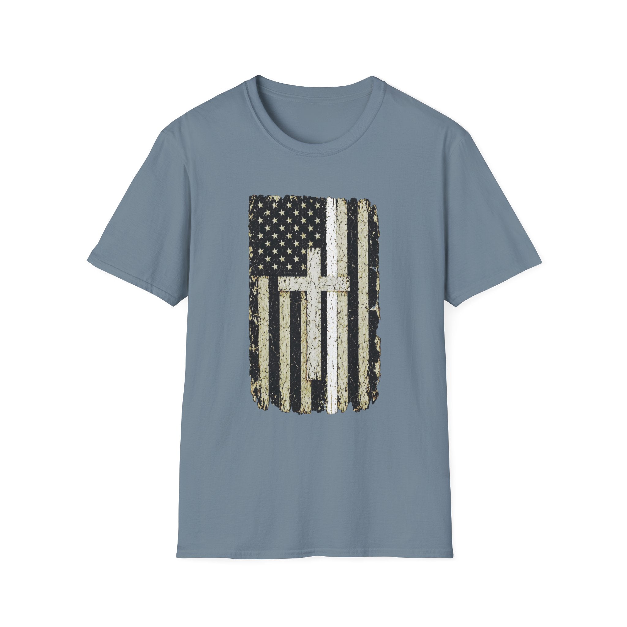 Distressed Thin White Line American Flag Cross T-Shirt — Vintage USA Faith Tee