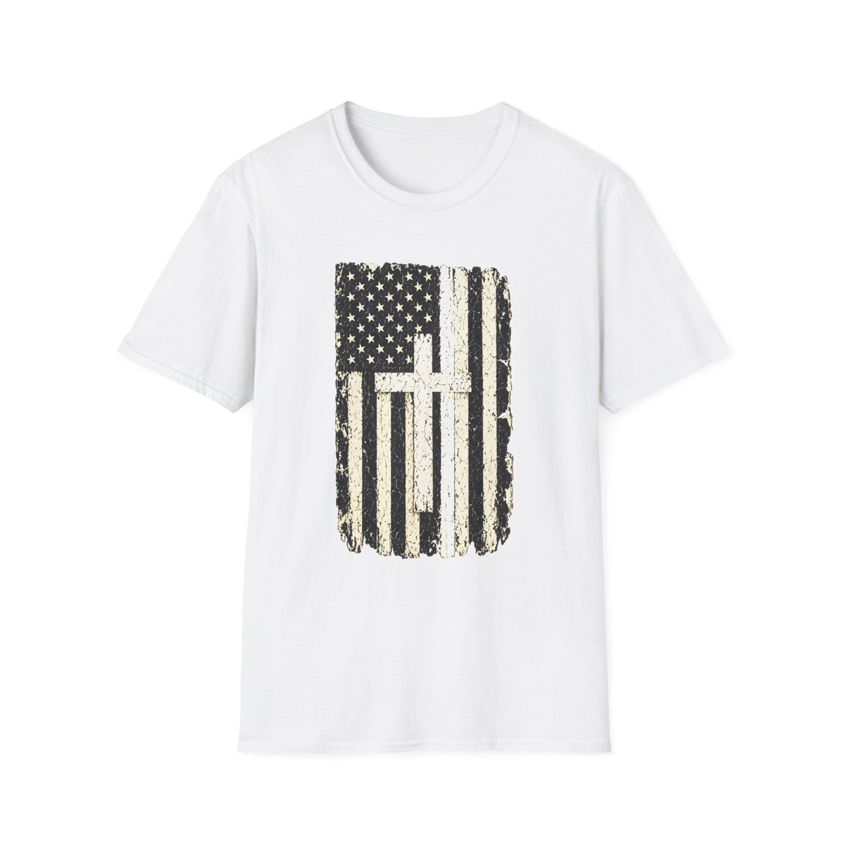 Distressed Thin White Line American Flag Cross T-Shirt — Vintage USA Faith Tee