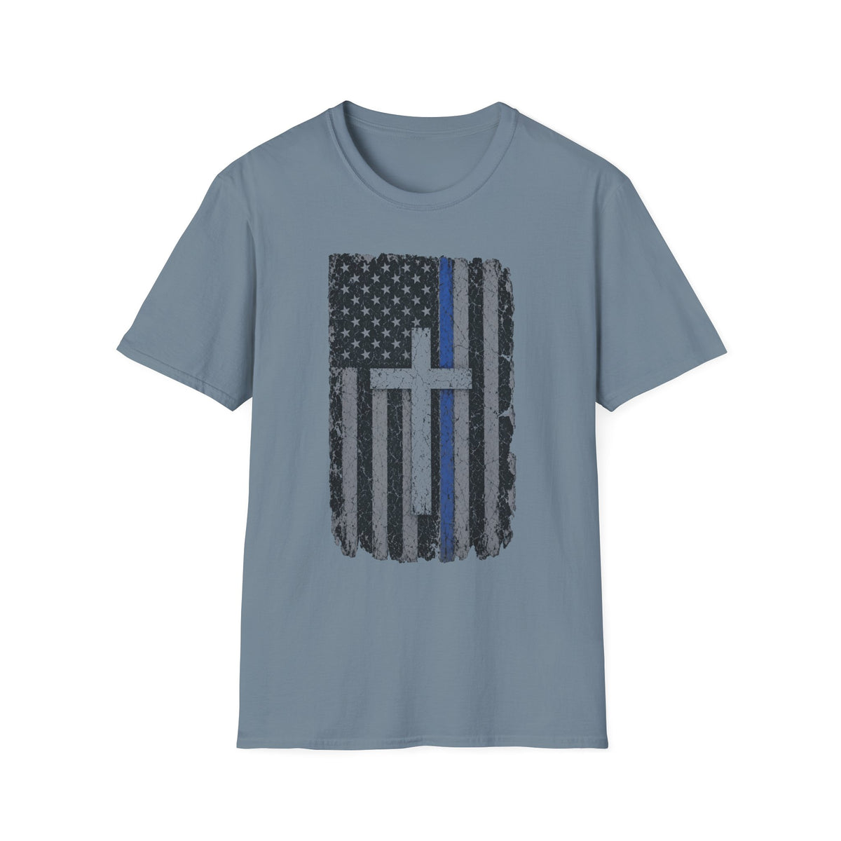 Thin Blue Line American Flag T-Shirt with Cross — Christian Police Support Tee