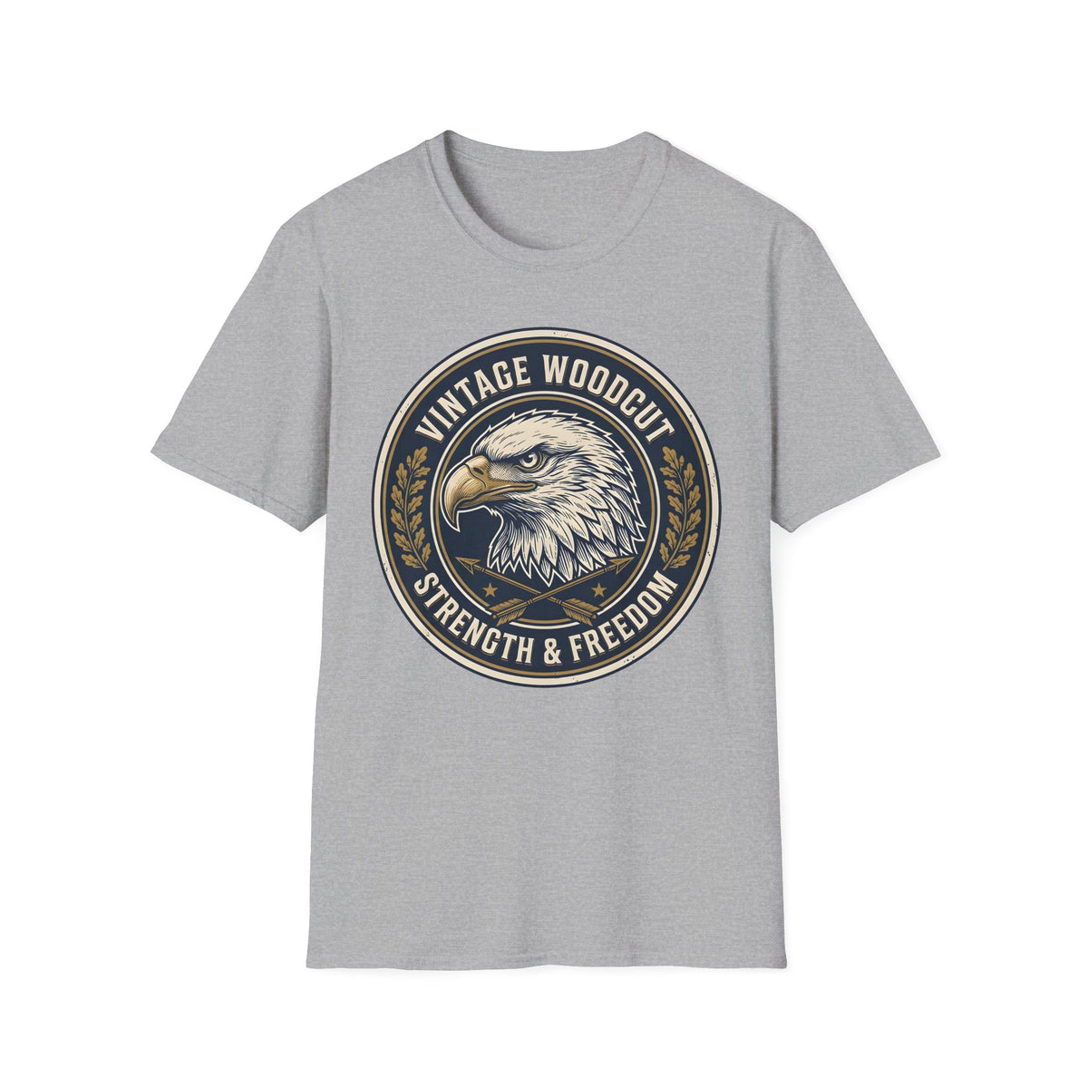 Strength & Freedom vintage woodcut emblem of a bald eagle with crossed arrows on a Sport Grey unisex T-Shirt