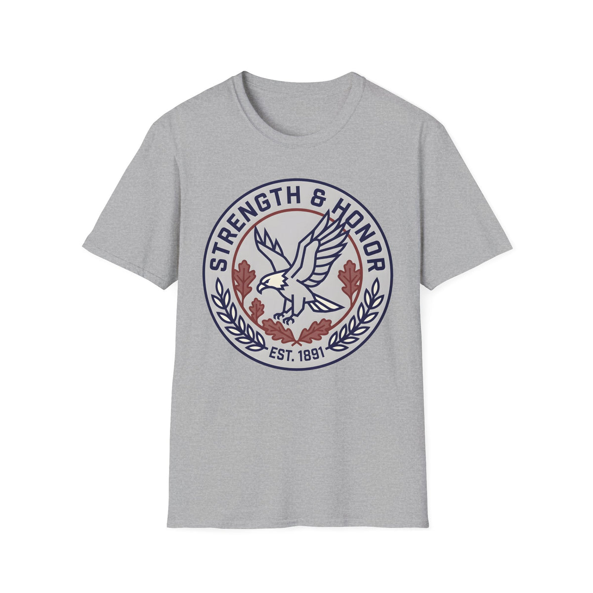 Strength & Honor emblem of a landing eagle with oak leaves and laurel on a Sport Grey unisex T-Shirt