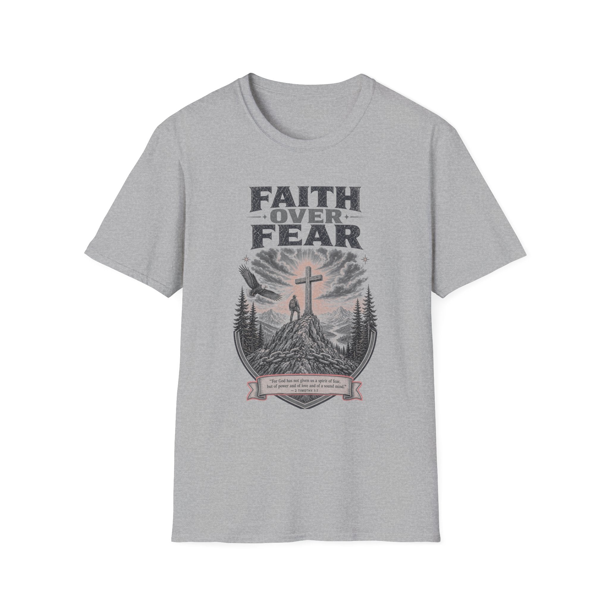 Faith Over Fear T-Shirt — Christian Inspirational Crew Tee with Cross & Mountain Design