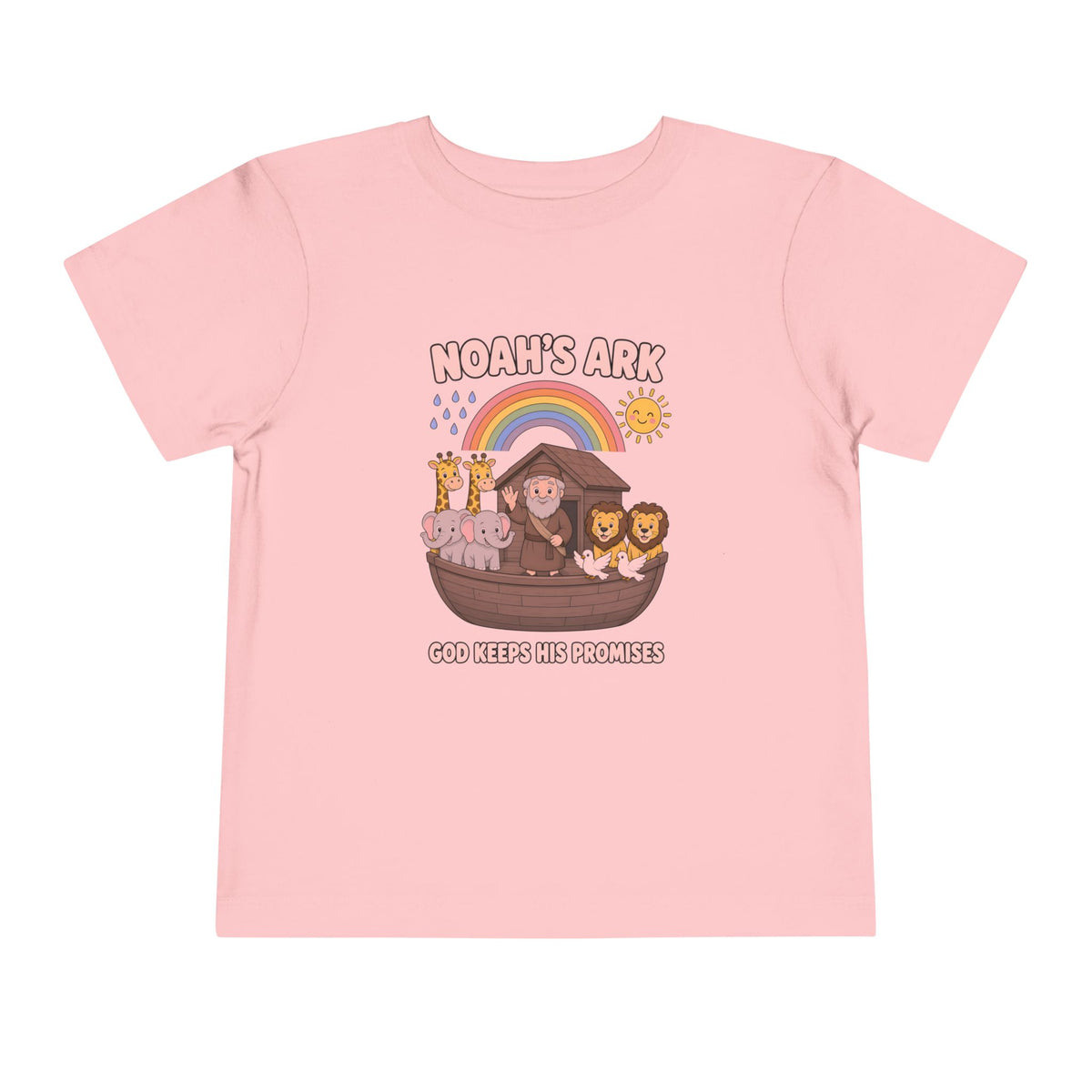 Noah waving from the ark with giraffes, elephants, lions and doves under a rainbow, Noah's Ark God Keeps His Promises design on a Pink toddler T-Shirt