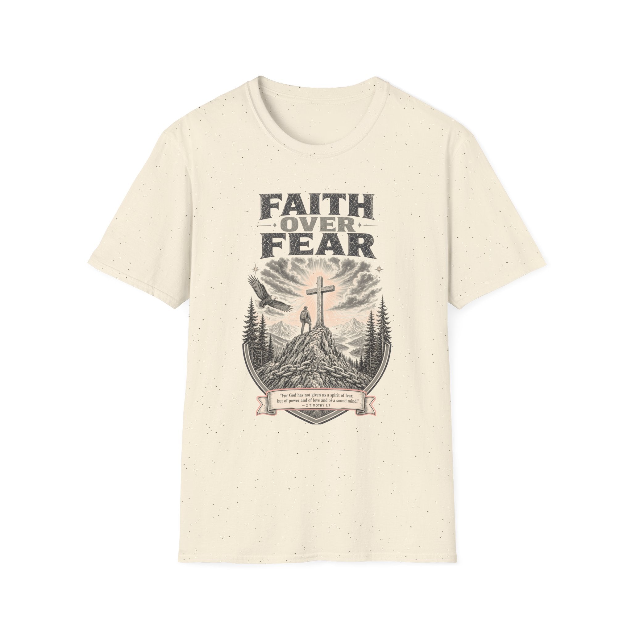 Faith Over Fear T-Shirt — Christian Inspirational Crew Tee with Cross & Mountain Design