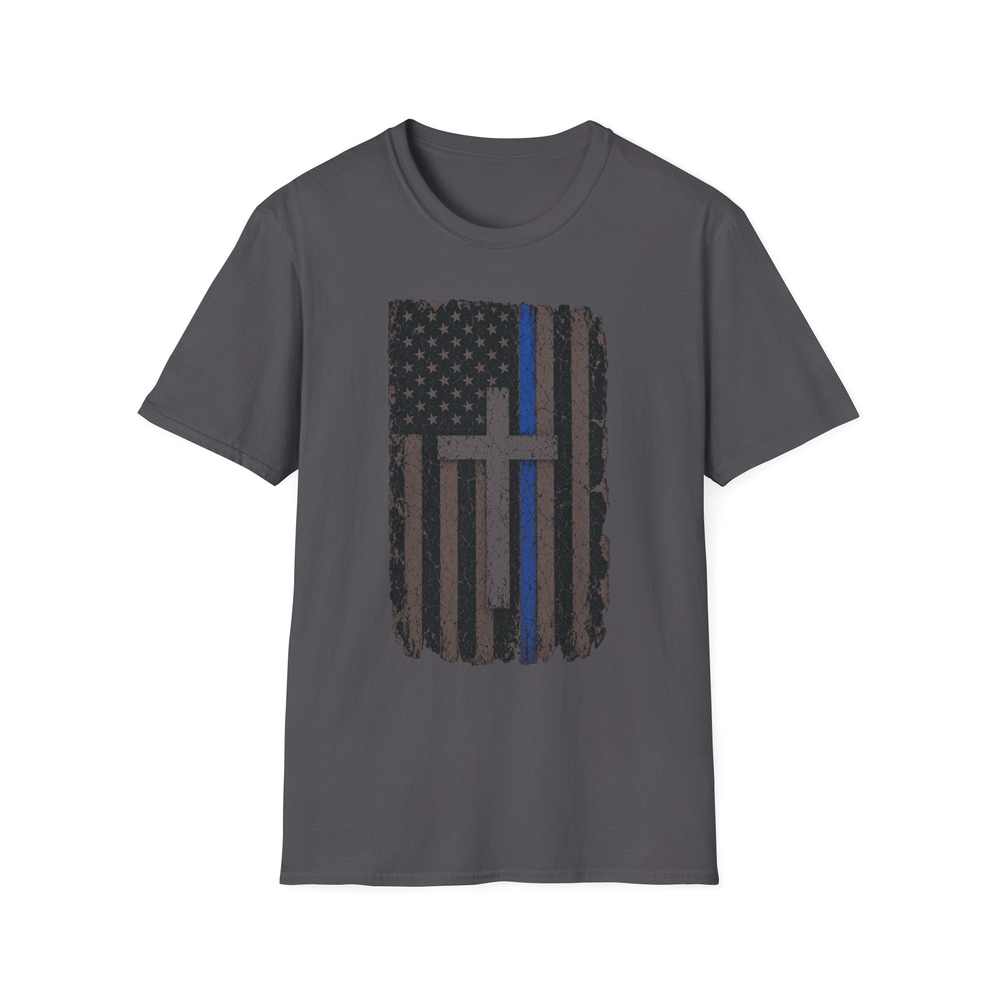 Thin Blue Line American Flag T-Shirt with Cross — Christian Police Support Tee