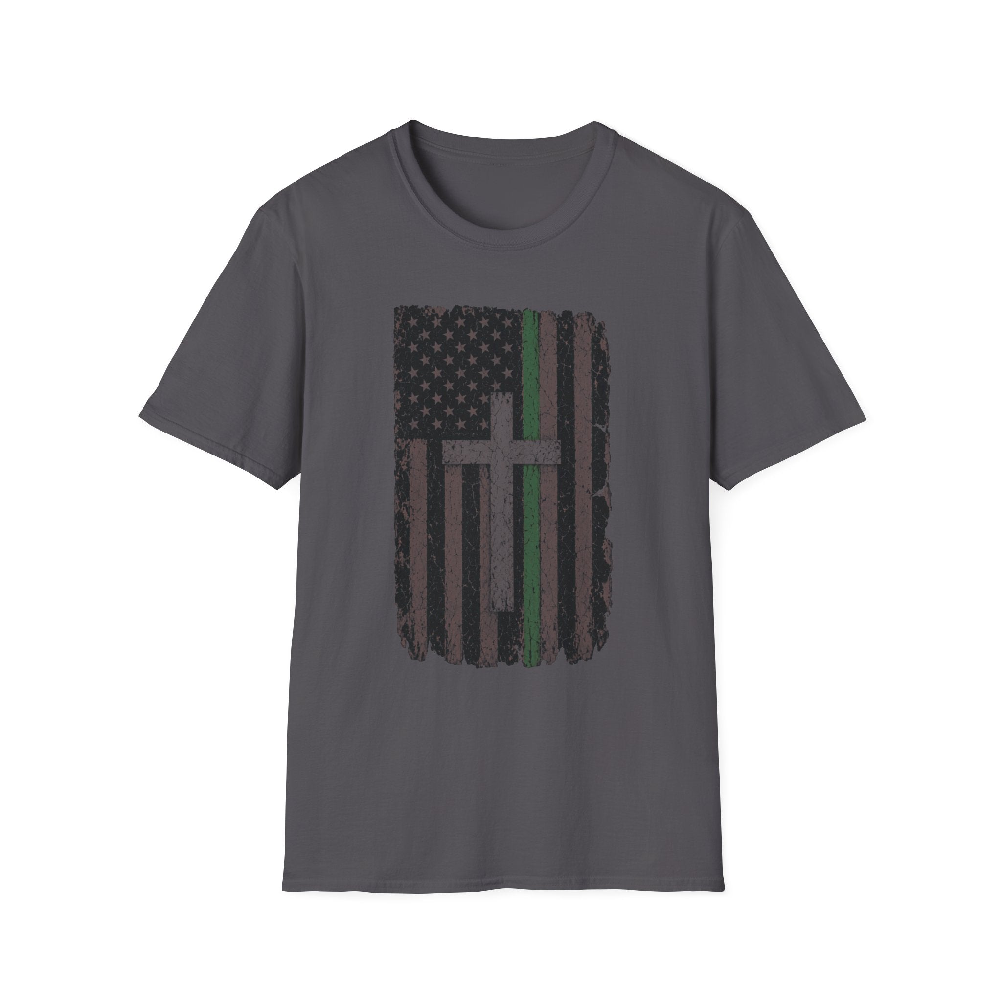 Christian Flag American Green Line Flag T-Shirt — Distressed Cross Patriotic Tee