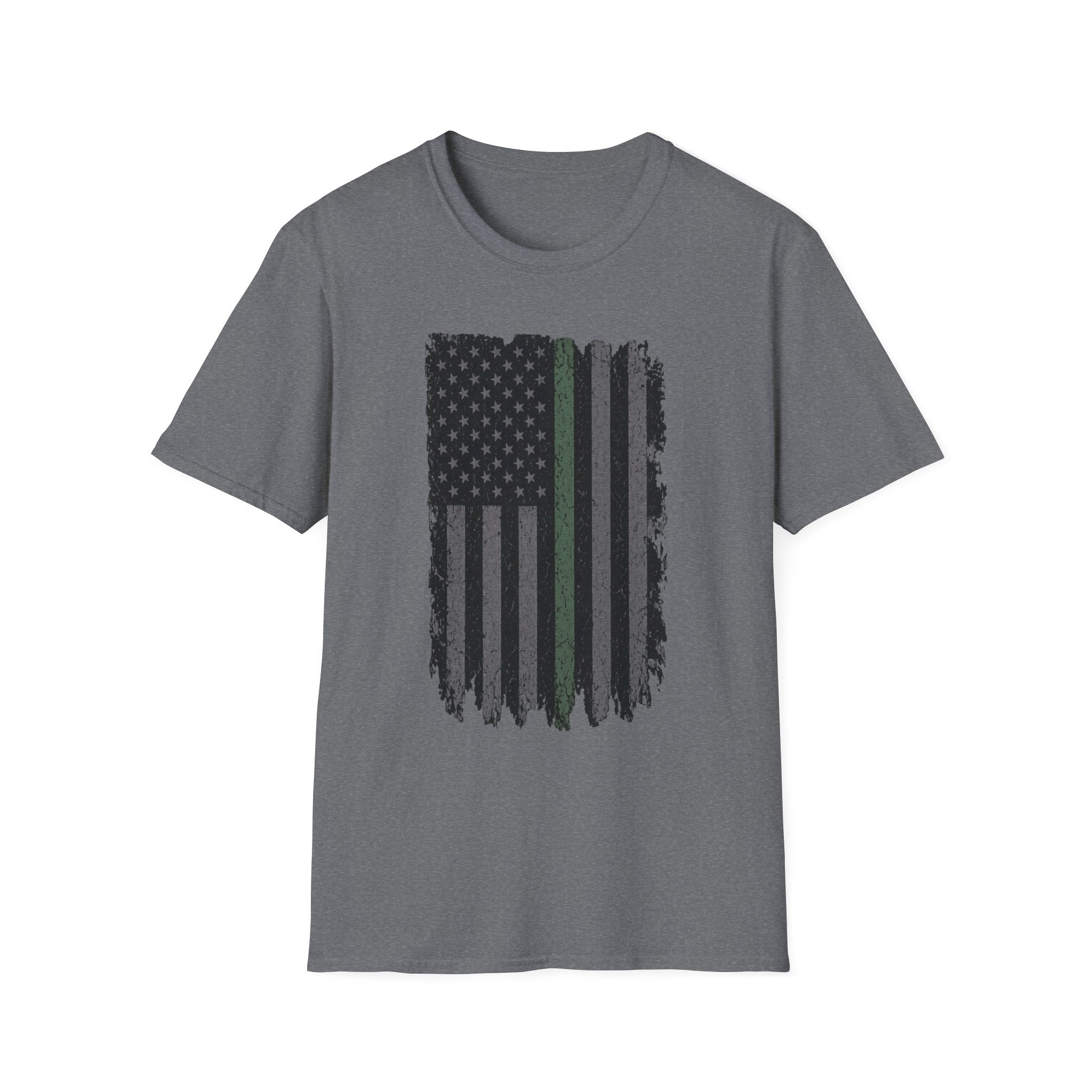 Distressed Thin Green Line American Flag T-Shirt — Supports Military and Similar Roles