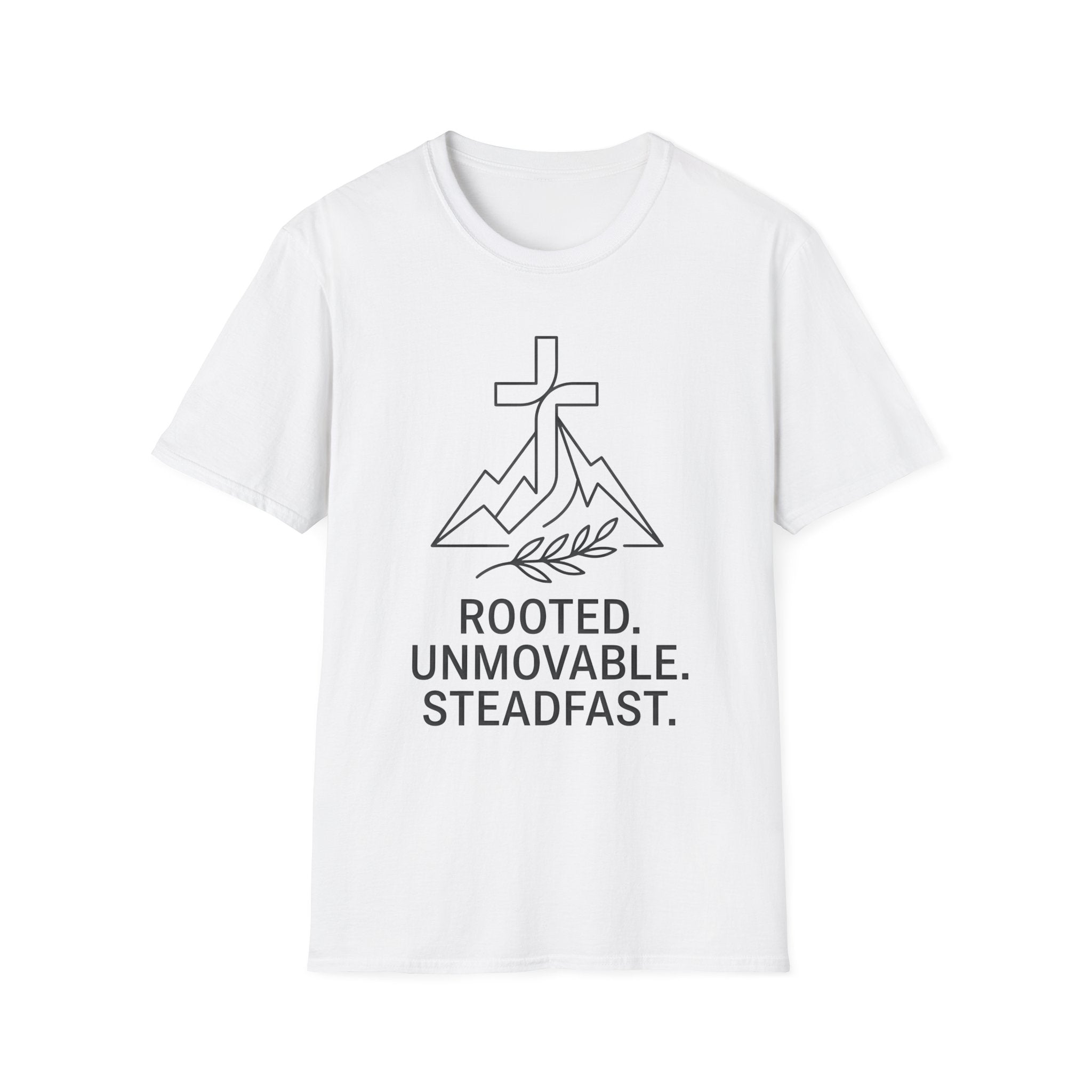 Rooted Faith T‑Shirt — "Rooted. Unmovable. Steadfast." Christian Mountain Cross Tee