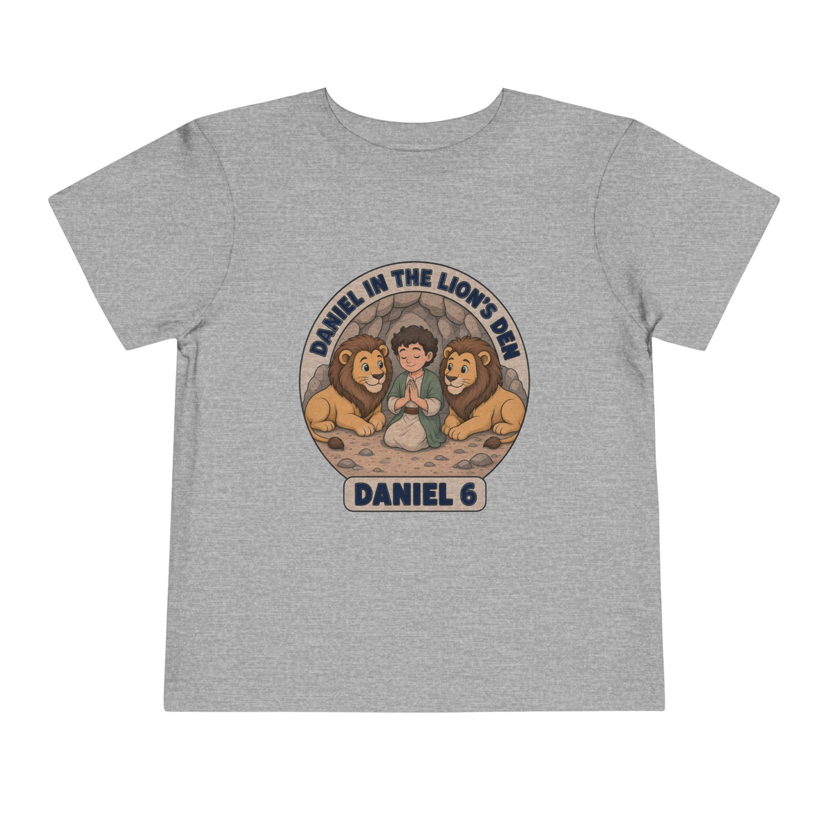 Circular badge of Daniel praying between two lions, Daniel in the Lion's Den Daniel 6 design on an Athletic Heather toddler T-Shirt