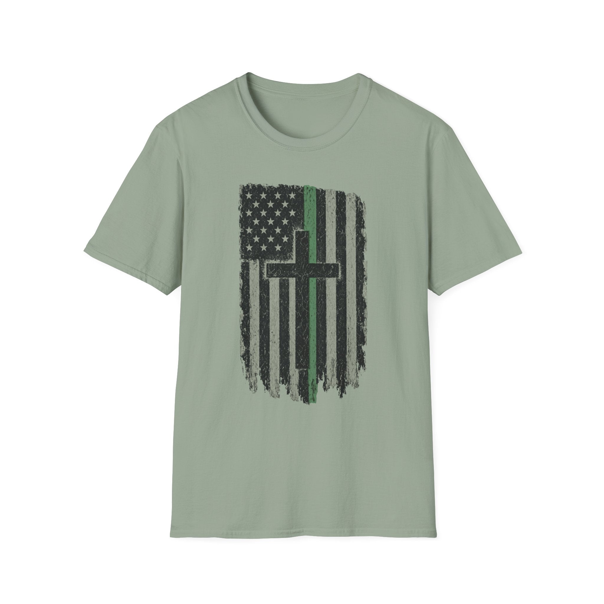 Distressed Green Line Flag Cross T-Shirt — Thin Green Line American Flag Christian Tee