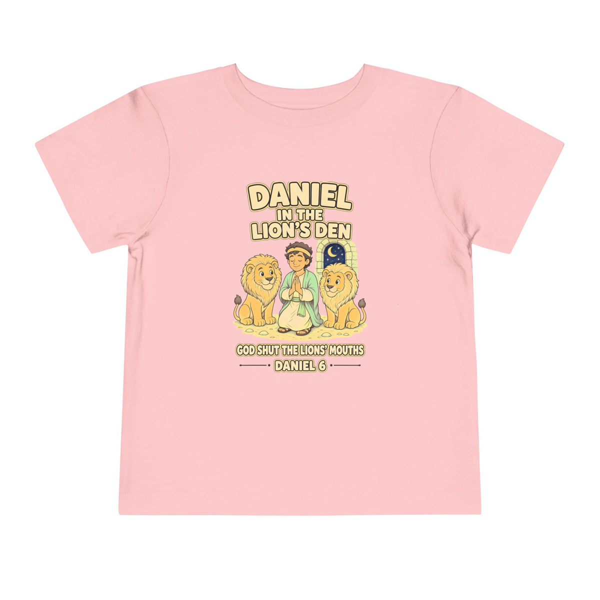 Daniel praying between two gentle lions under a crescent moon, God Shut the Lions' Mouths Daniel 6 design on a Pink toddler T-Shirt