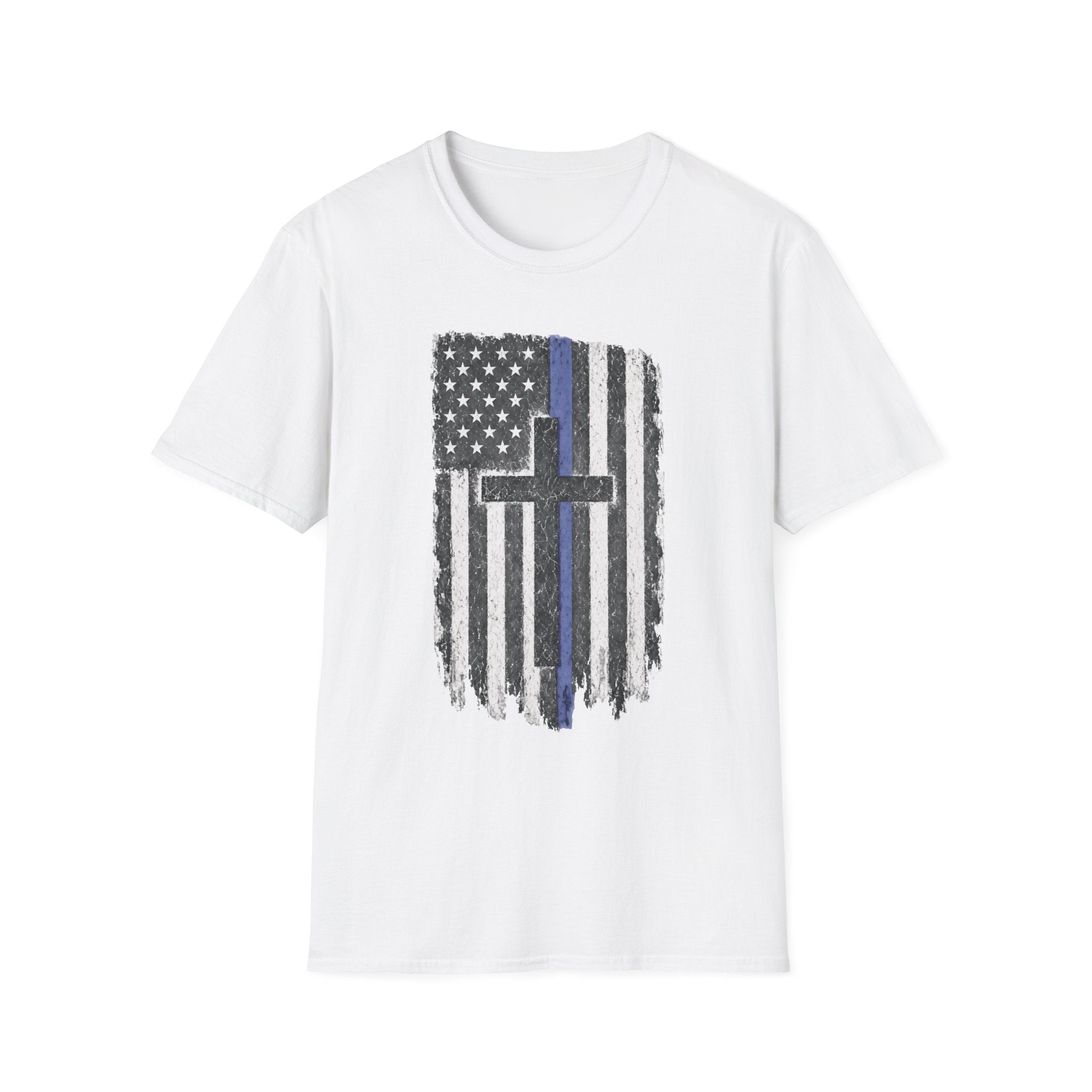 Thin Blue Line Flag T-Shirt with Cross — Police Support Christian Tee