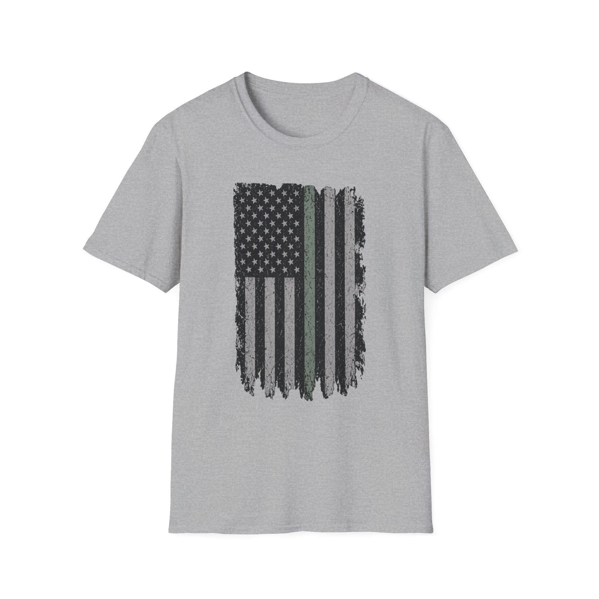 Distressed Thin Green Line American Flag T-Shirt — Supports Military and Similar Roles
