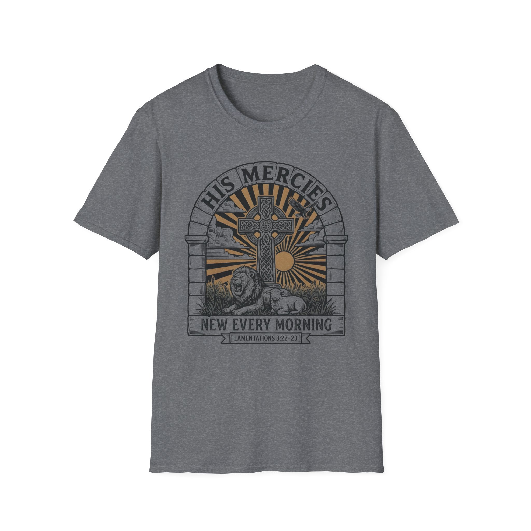 Christian T-Shirt — "His Mercies New Every Morning" Sunrise Cross Tee