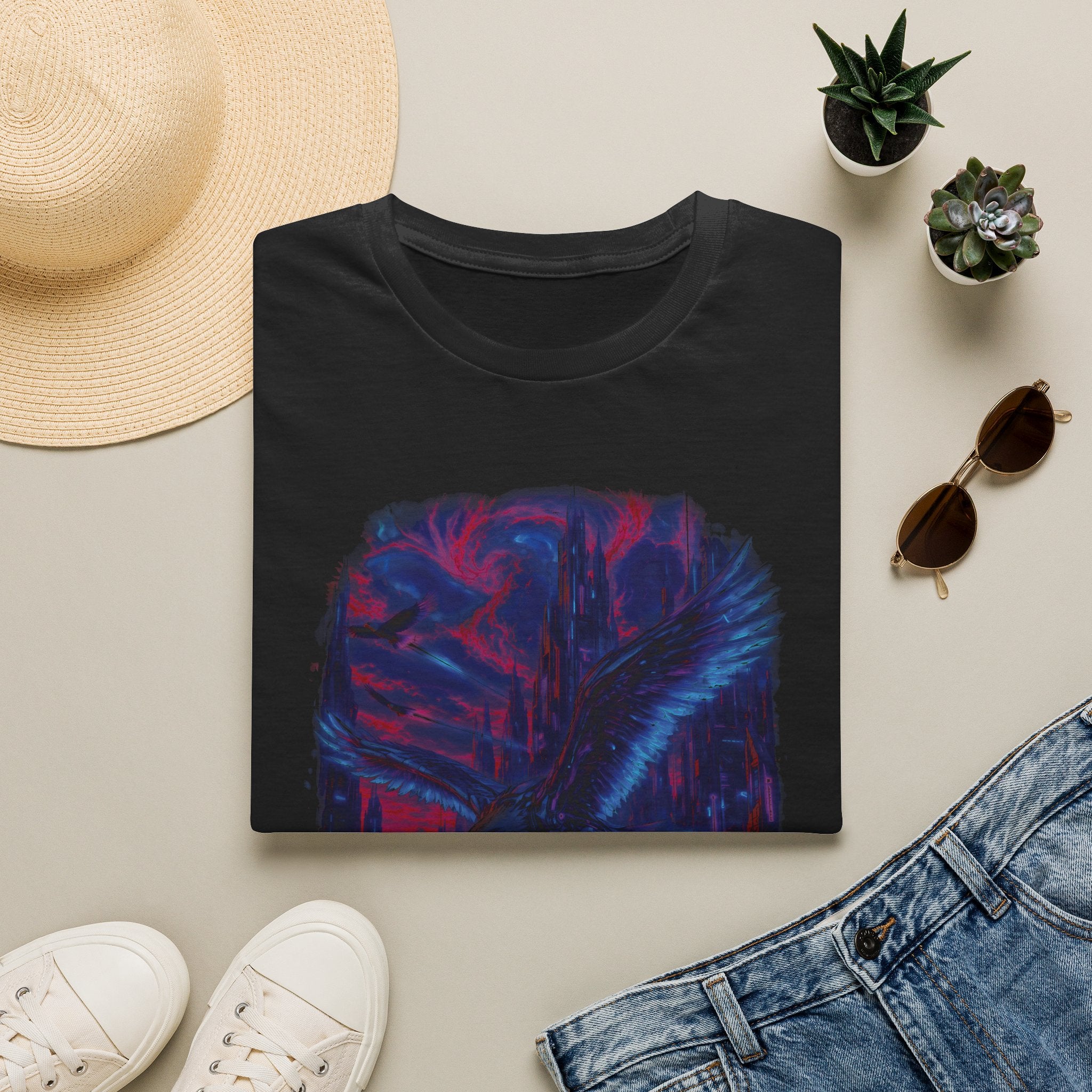 Ethereal Angel Wings T-Shirt — Pastel Sky & Cityscape Graphic